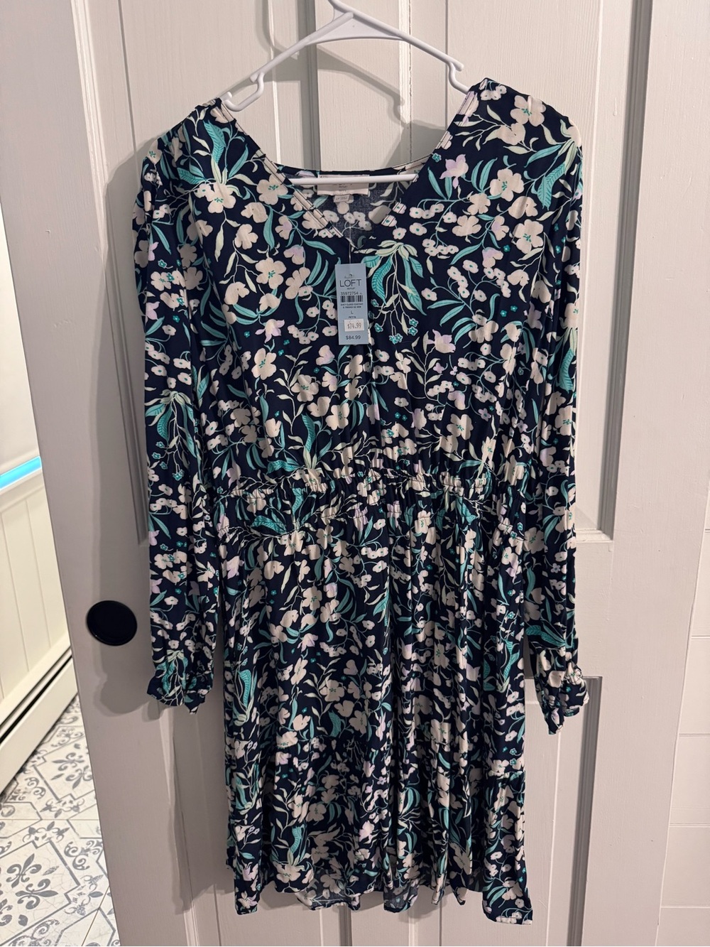 LOFT Navy Floral Long Sleeve Tiered Dress with Teal Accents